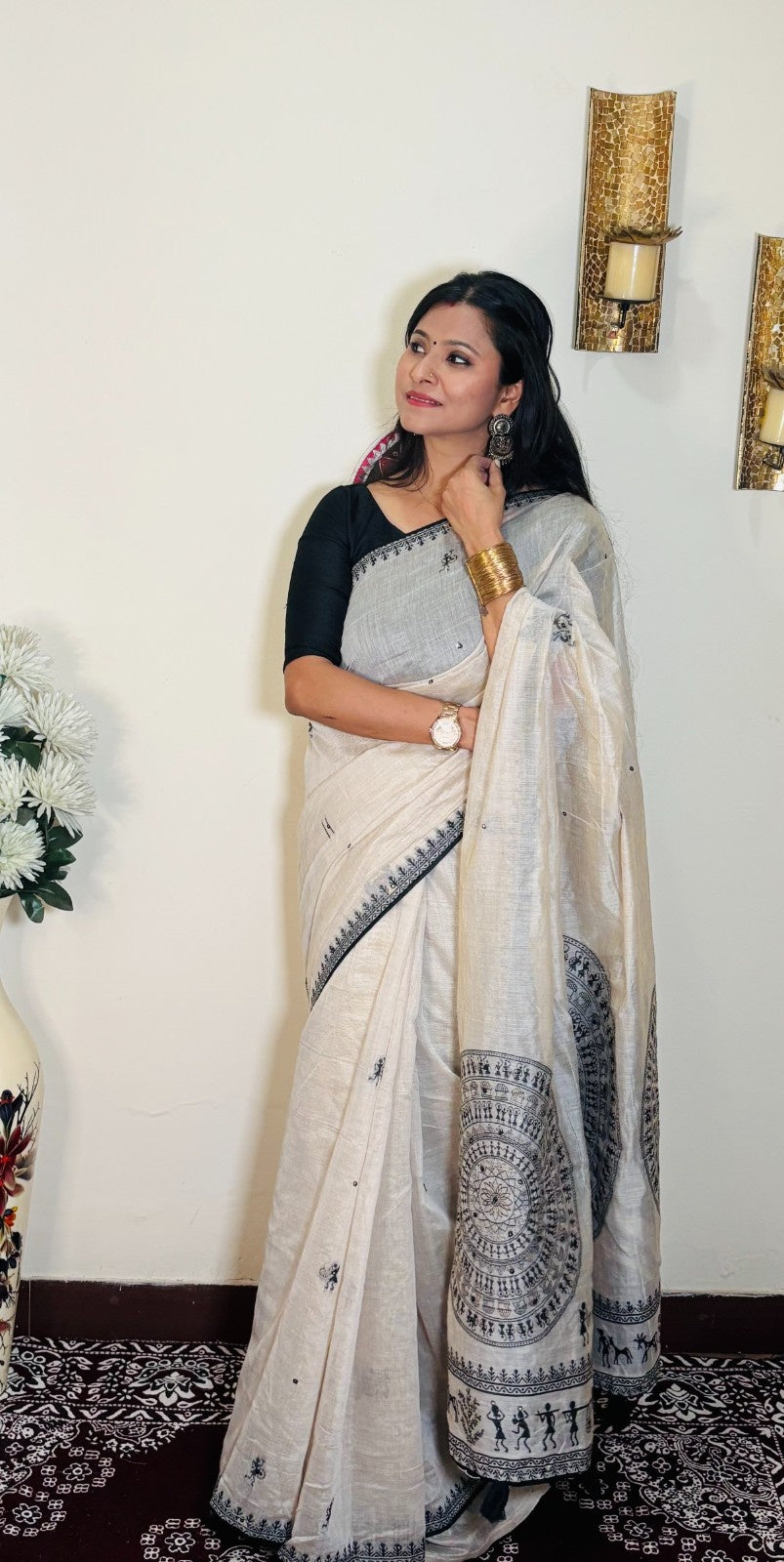 Jamdani Chanderi Cotton Mirror work Saree